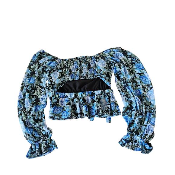 NWT WAYF Floral Square Neck Cut Out Back Smocked Back Peplum Crop Top Size Large - Picture 4 of 10